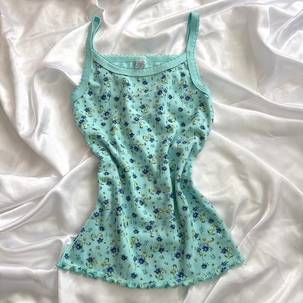 Strawberry Blue Ditsy Floral Pointelle Camisole Turquoise Lettuce Edge Tank Top